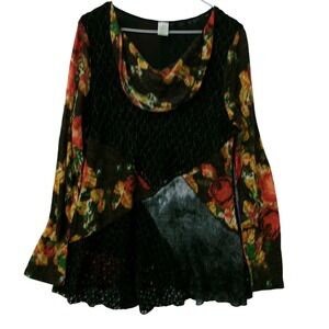 This & That Floral Print Black Cowl Neck Long Sleeve Tunic Large